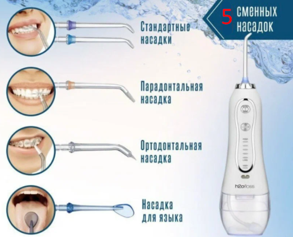 Портативный ирригатор для полости рта H2OFLOSS® HF-6 водонепроницаемость IPX7 Уход за брекетами и мостами /5 насадок
